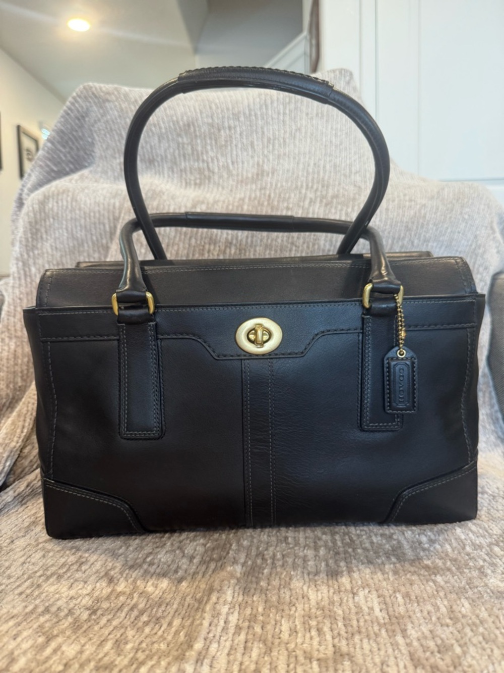 Coach Hampton Black Leather Turnlock Satchel Gold Hardware